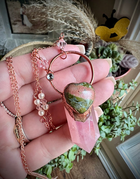 Rose Quartz W/ Unakite Heart Necklace